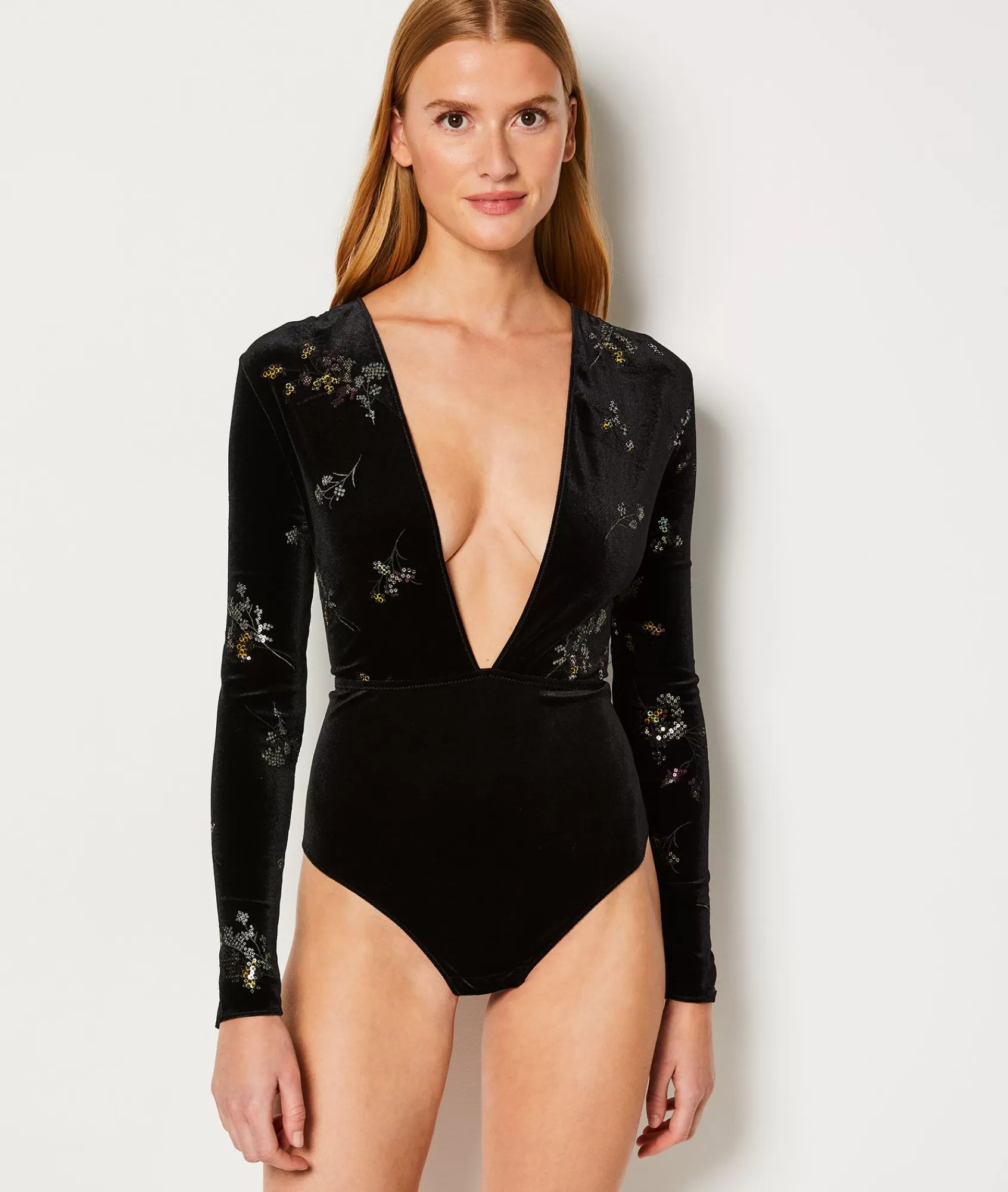Etam Bodysuits>Embroidered Velvet Bodysuit