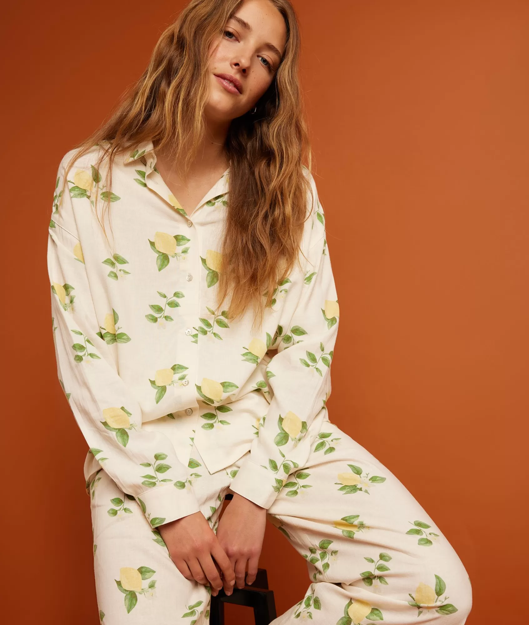 Etam Pyjama Tops>Linen Pyjama Shirt with Lemon Print