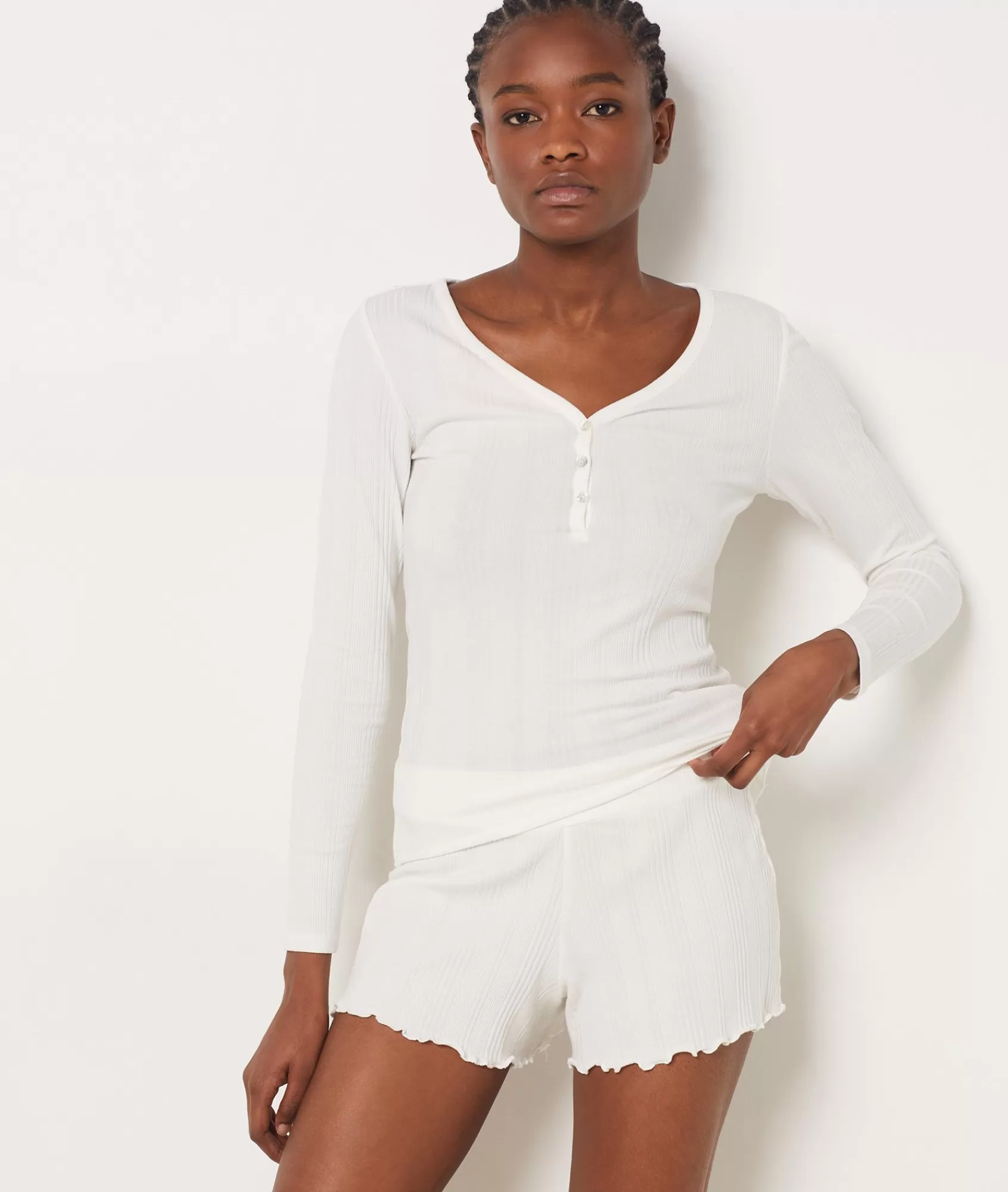 Etam Pyjama Tops>Long-sleeved T-shirt in Richelieu ribbed knit