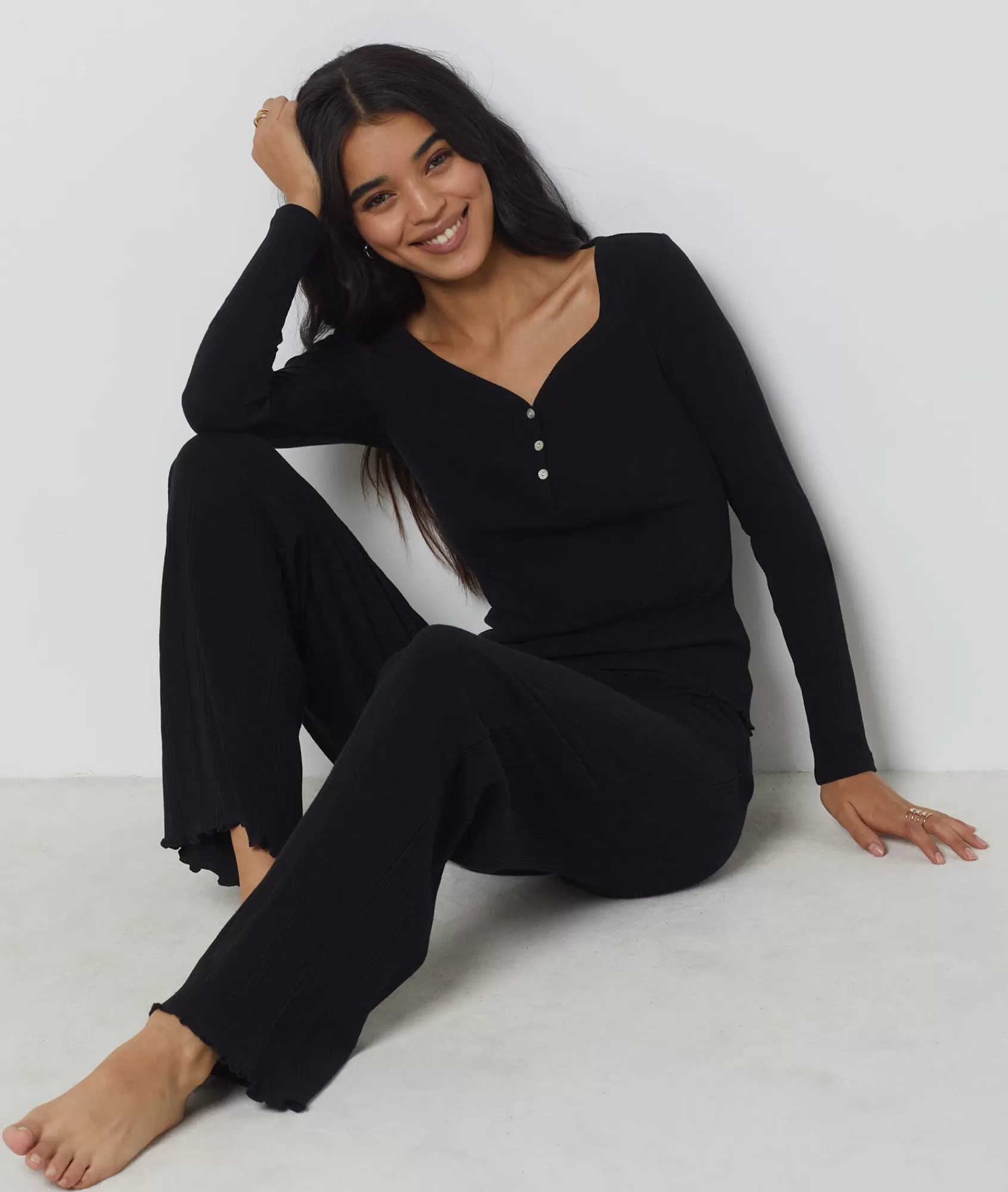 Etam Pyjama Tops>Long-sleeved T-shirt in Richelieu ribbed knit