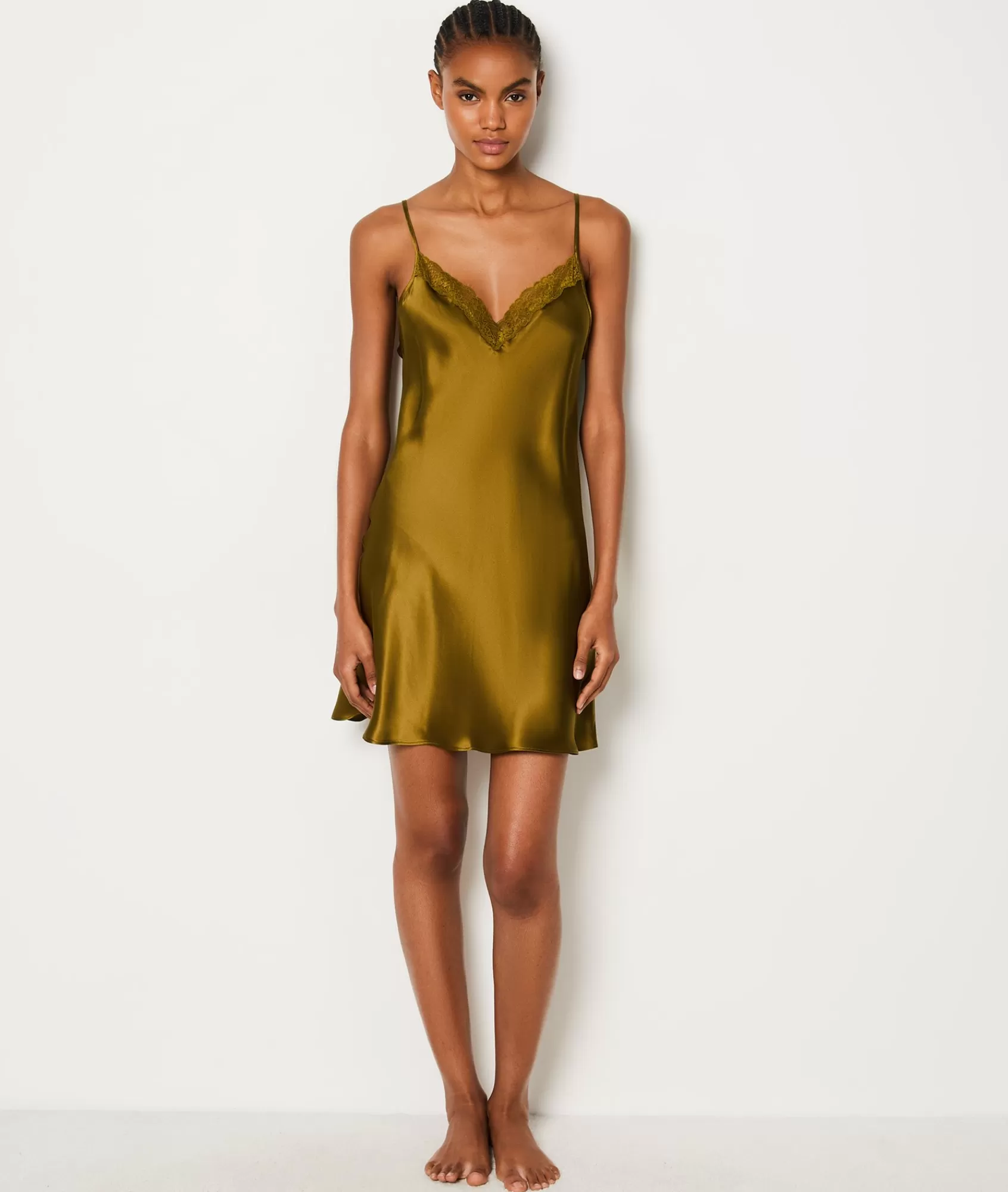 Etam Nightgowns>Short Satin Nightdress with Lace Neckline