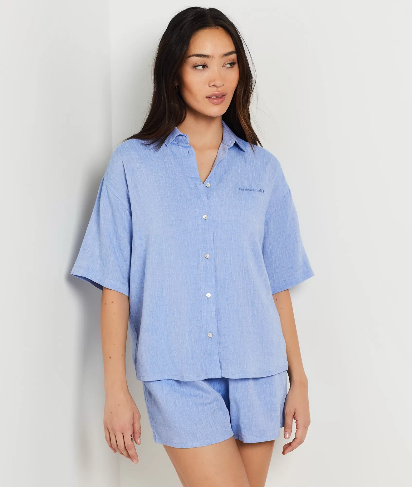 Etam Pyjama Tops>Short-sleeved pyjama shirt in blended linen