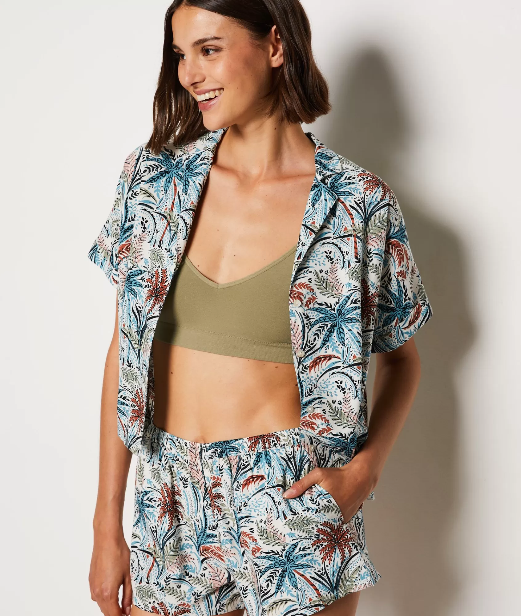 Etam Pyjama Tops>Short-sleeved pyjama shirt with palm print